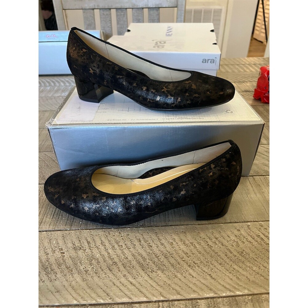 Ara Women's Pump Heels Black Bronze Metallic Block Heel Slip On‎ Round
